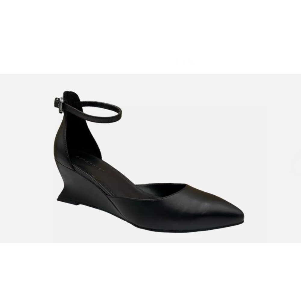Aerosole Women's Wedge Pump Dress Shoes Size 9 Black Leather Upper Ankle Strap